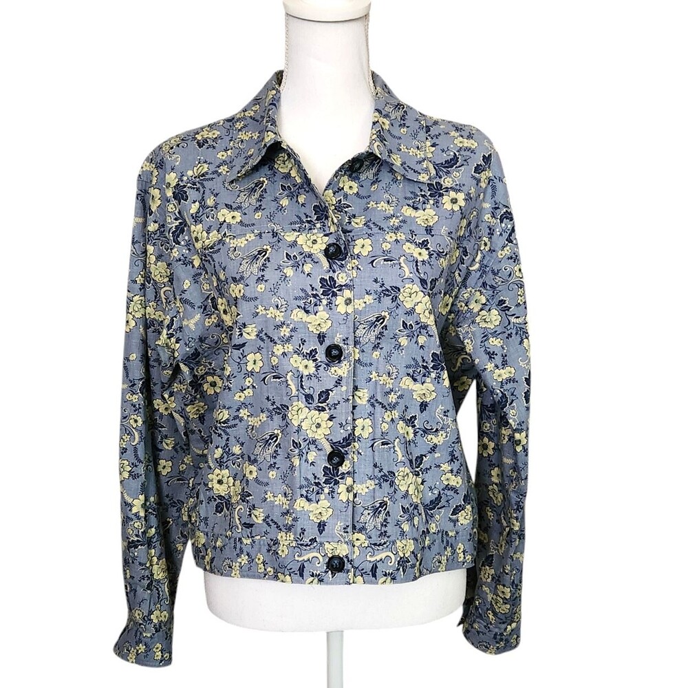 Talbots Jacket Linen Blend Blue w/ Cream Floral Button Front Pockets Womens Med.